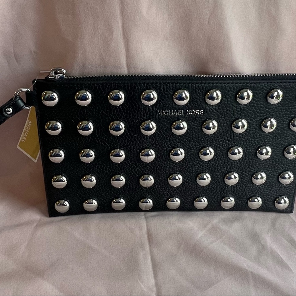Michael Kors Black Leather Wristlet with Silver Accents